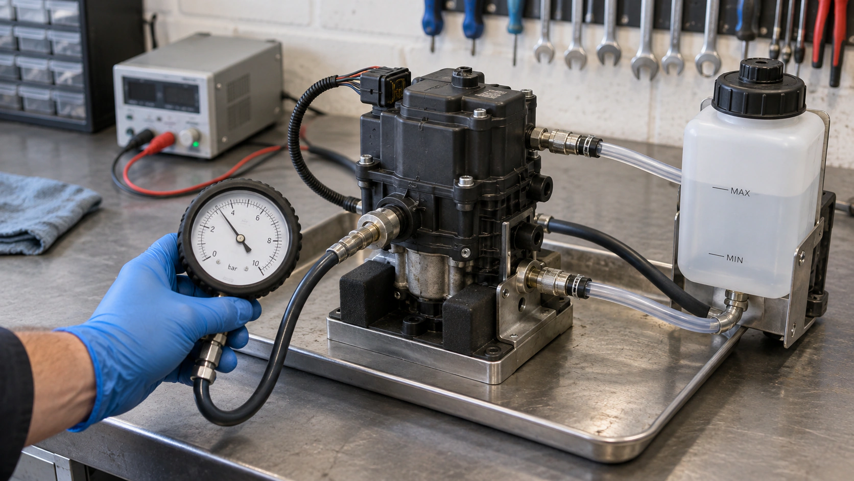 AdBlue pump being bench tested with a handheld pressure gauge and test-fluid reservoir
