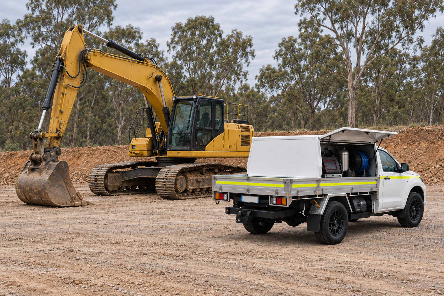 White service ute beside a yellow excavator