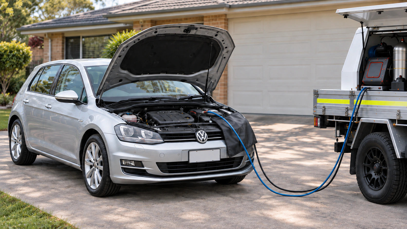 Car with its bonnet open on a residential driveway, connected by service hoses to the work ute