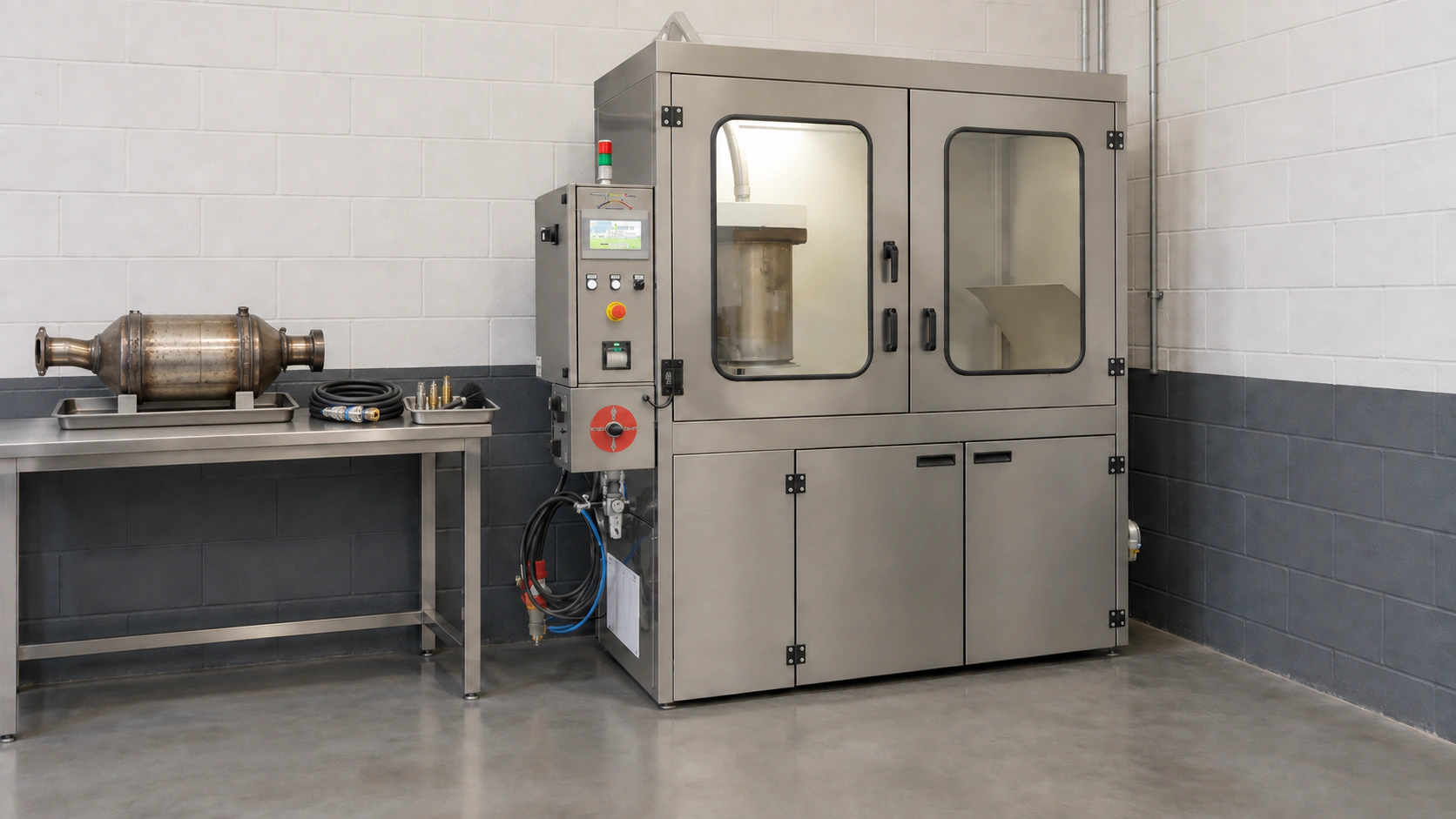 Stainless steel DPF cleaning machine beside a workbench with a removed filter and cleaning equipment