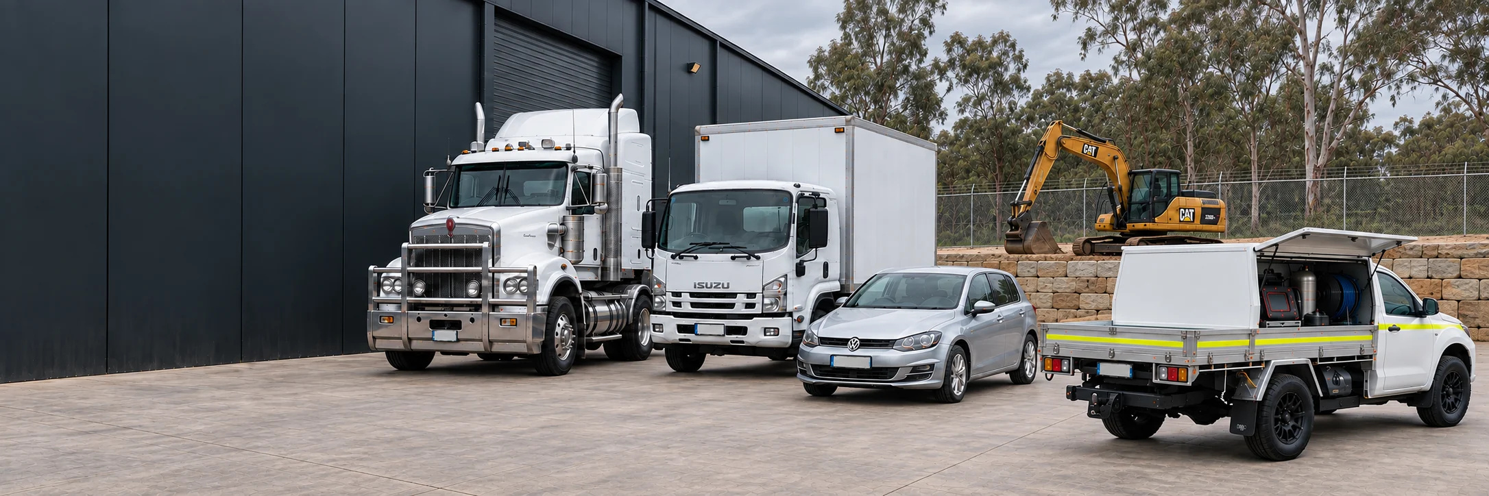 Mobile DPF service ute with an open side canopy beside a car and two trucks, with an excavator in the background