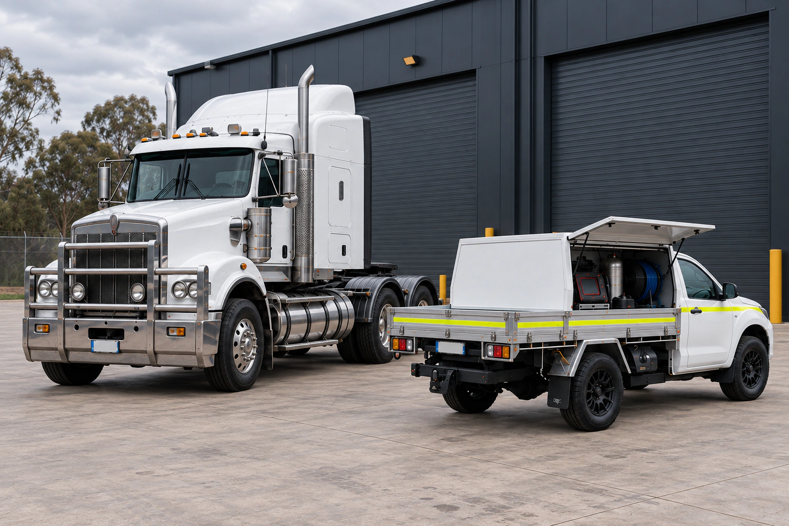 White service ute beside a heavy truck